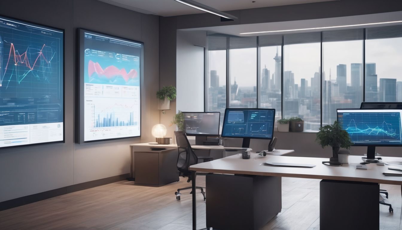 AI chatbot in a modern office setting with digital screens displaying graphs and data