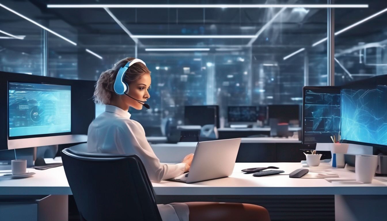 AI technology in customer service, customer support representative using computer, futuristic office